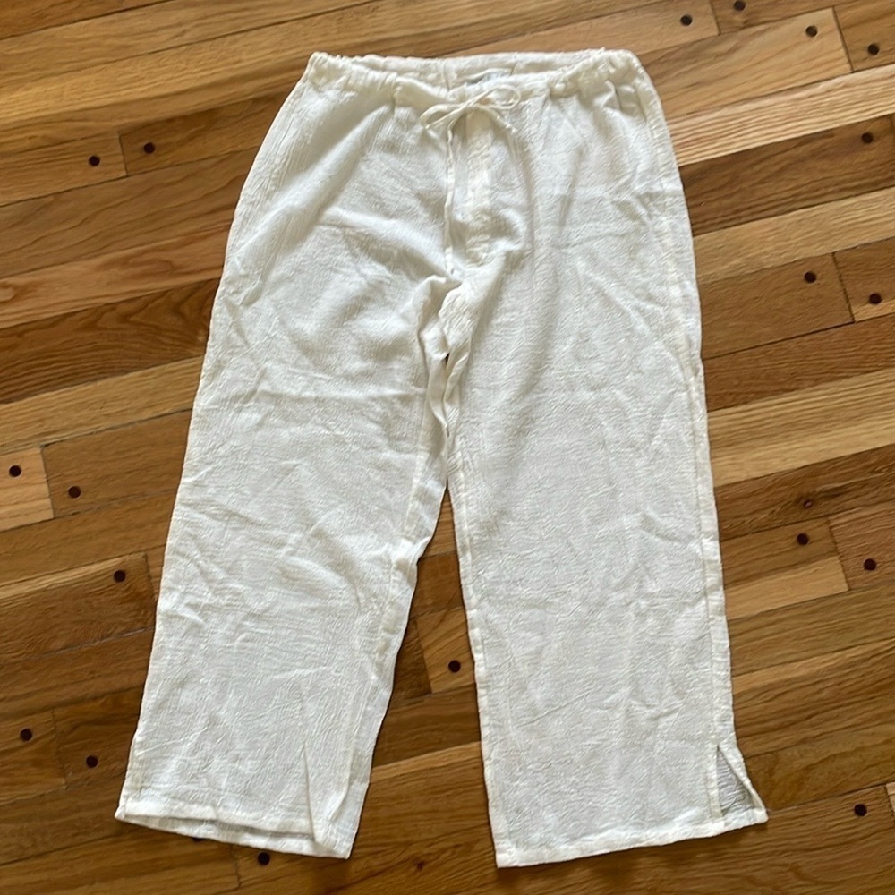 J Valdi Gauze Ivory Cotton Coastal Textured Drawstring Wide Pants Cropped Ankle